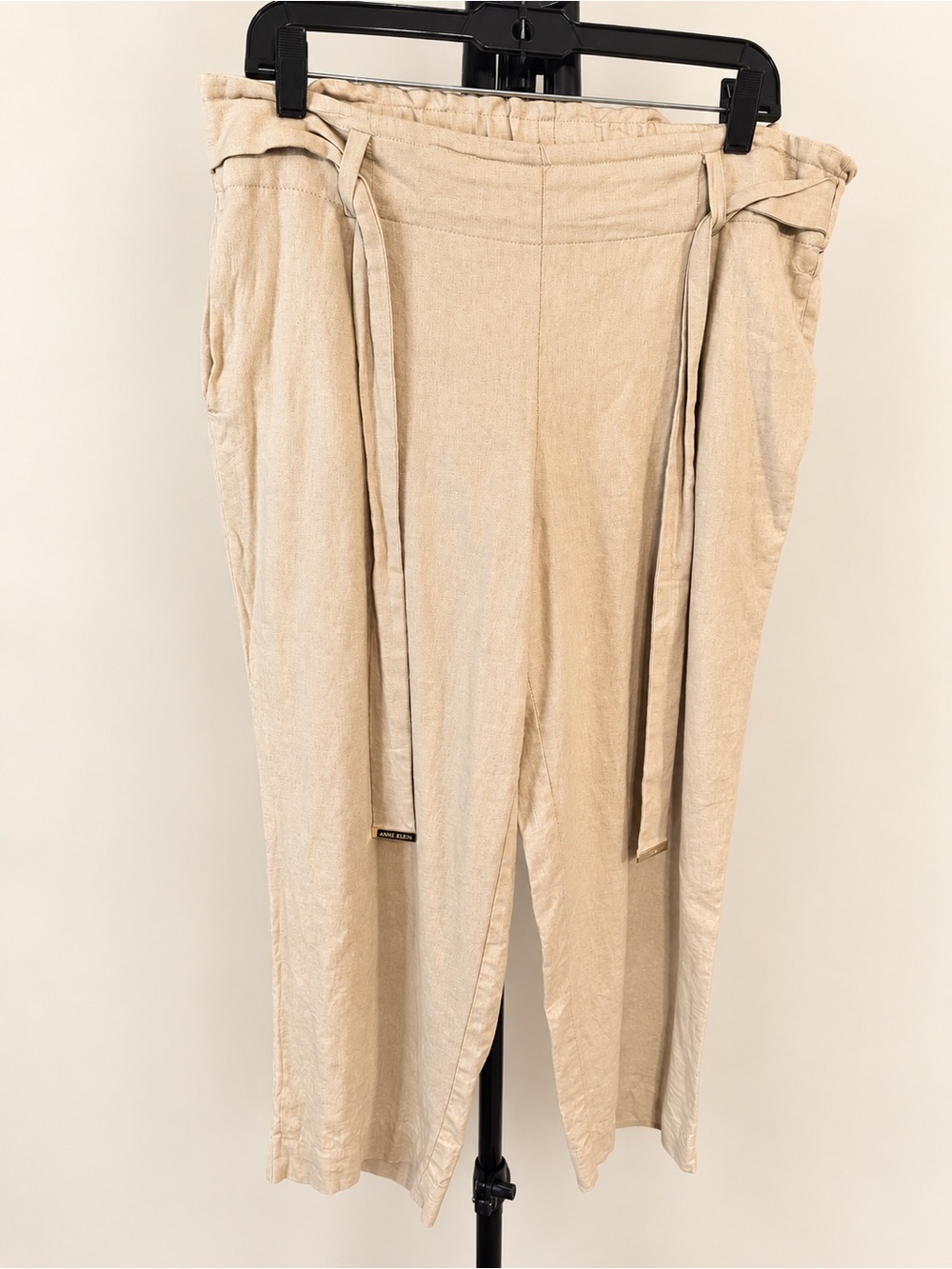 Anne Klein Beige Linen-Look Tie-Waist Cropped Pants Size L